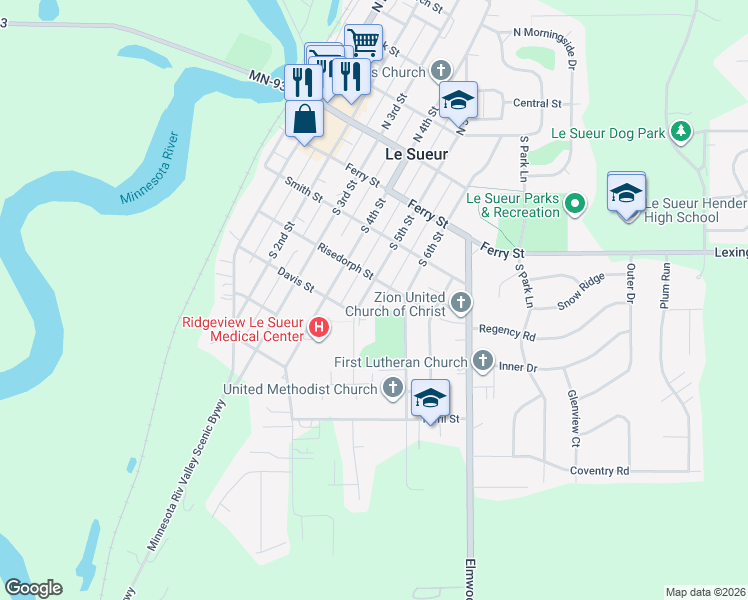 map of restaurants, bars, coffee shops, grocery stores, and more near 413 South 5th Street in Le Sueur
