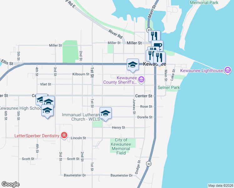 map of restaurants, bars, coffee shops, grocery stores, and more near 615 Center Street in Kewaunee