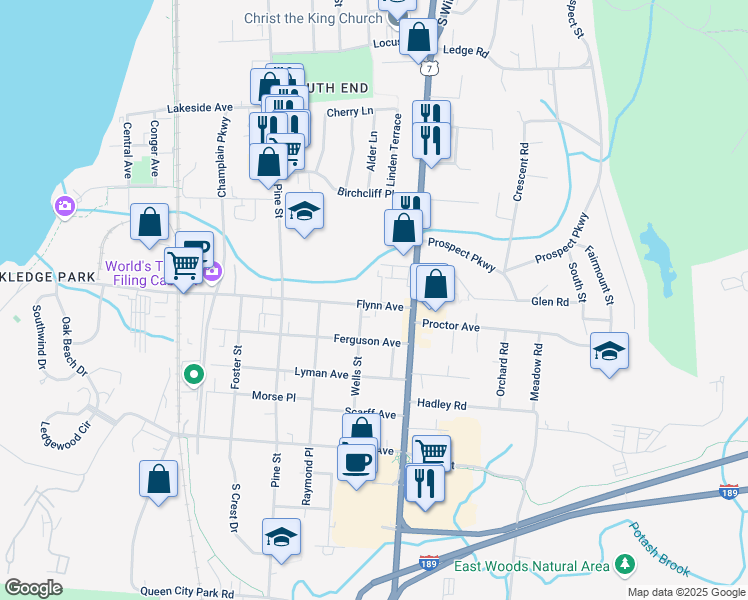 map of restaurants, bars, coffee shops, grocery stores, and more near 414 Flynn Ave in Burlington