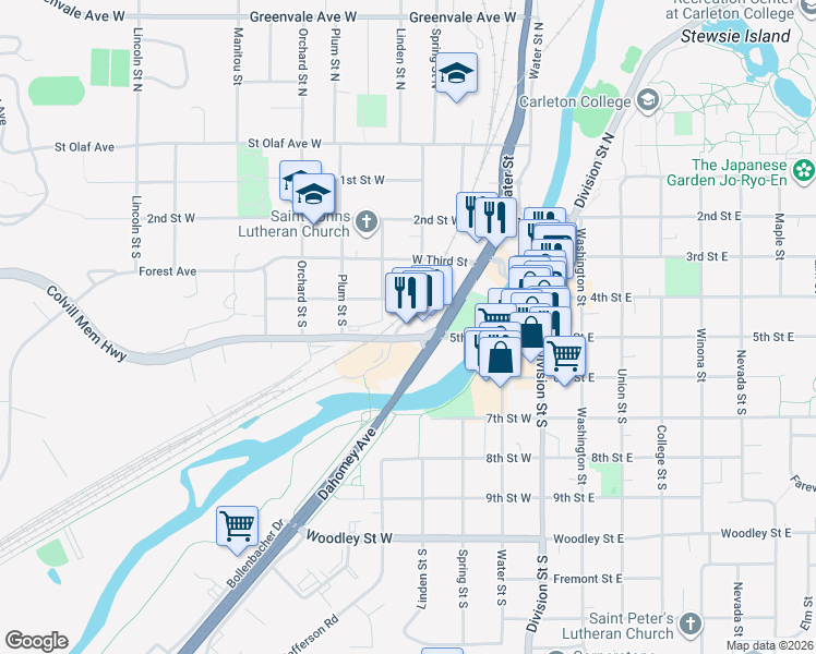 map of restaurants, bars, coffee shops, grocery stores, and more near 416 Minnesota 3 in Northfield