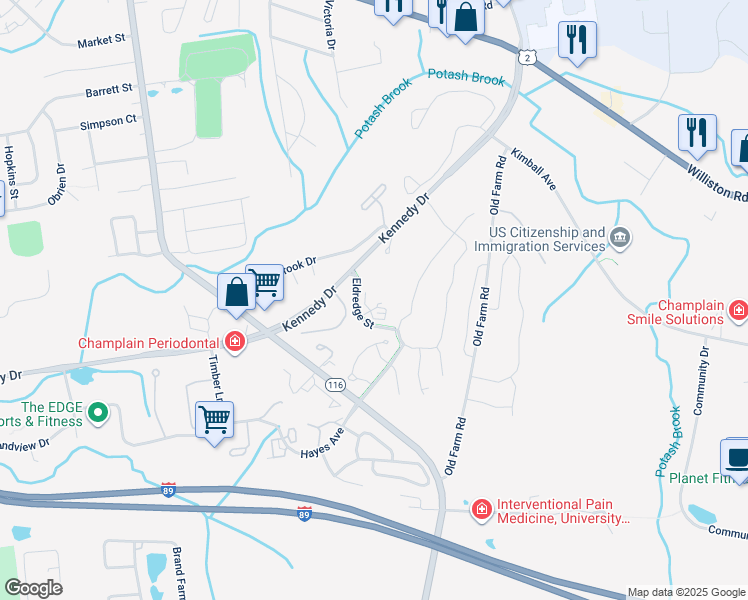 map of restaurants, bars, coffee shops, grocery stores, and more near 99201 Eldredge Street in South Burlington