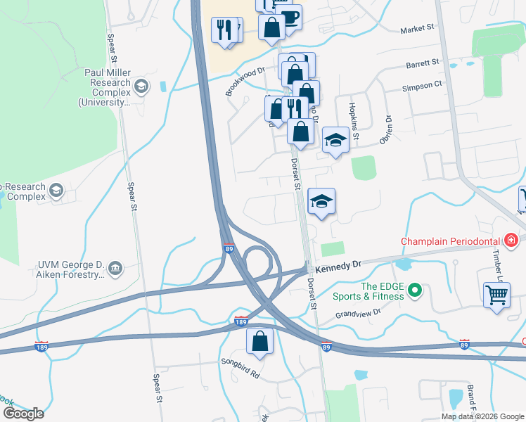 map of restaurants, bars, coffee shops, grocery stores, and more near Ocean Ave in South Burlington