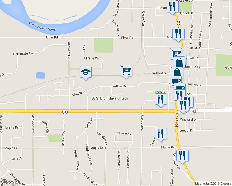 map of restaurants, bars, coffee shops, grocery stores, and more near 3240 Village Lane in Plover