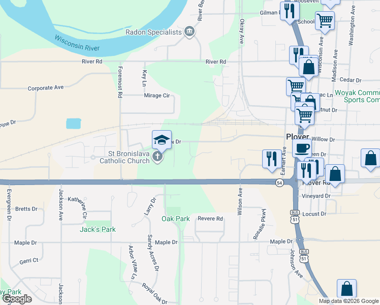 map of restaurants, bars, coffee shops, grocery stores, and more near 3288 Village Lane in Plover