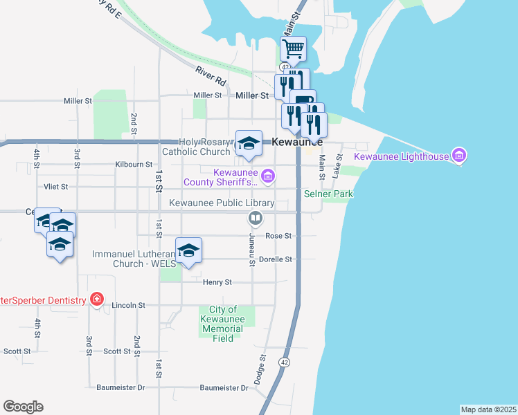 map of restaurants, bars, coffee shops, grocery stores, and more near 419 Center St in Kewaunee