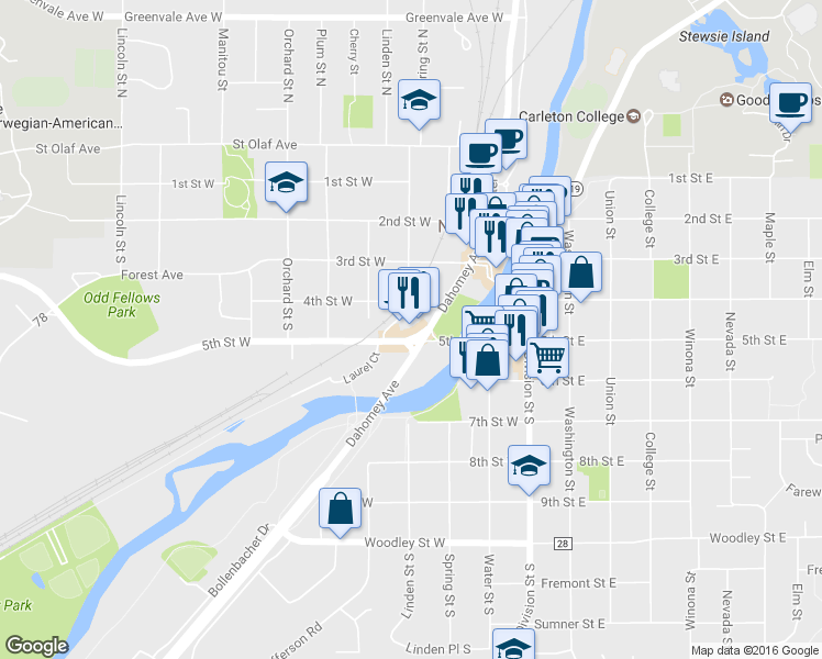 map of restaurants, bars, coffee shops, grocery stores, and more near 416 Highway 3 in Northfield