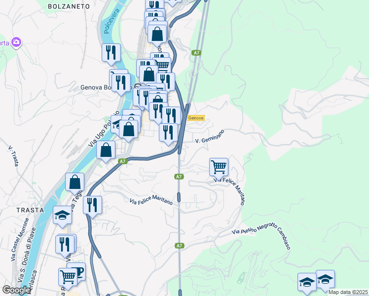 map of restaurants, bars, coffee shops, grocery stores, and more near 1C Via Geminiano in Genova