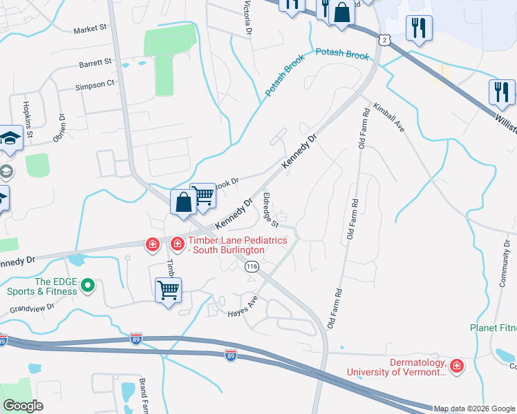 map of restaurants, bars, coffee shops, grocery stores, and more near 99201 Eldredge Street in South Burlington