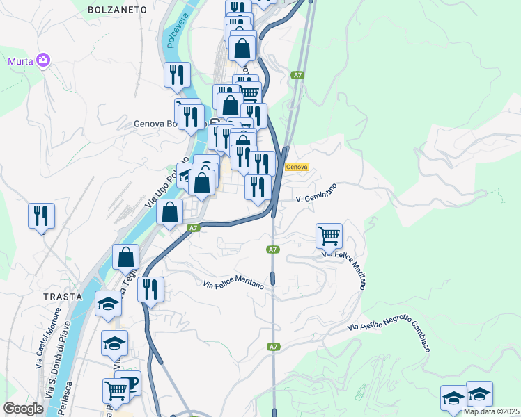 map of restaurants, bars, coffee shops, grocery stores, and more near 56 Via Giro del Vento in Genova