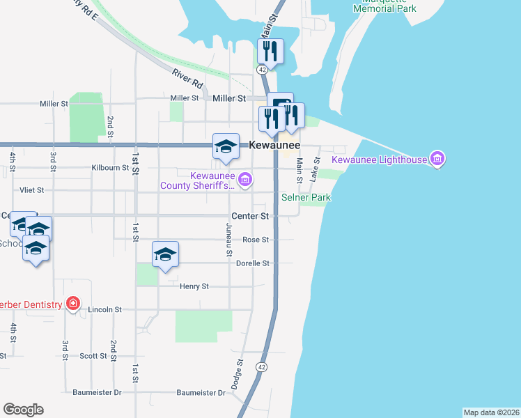 map of restaurants, bars, coffee shops, grocery stores, and more near 317 Center Street in Kewaunee