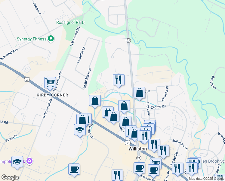 map of restaurants, bars, coffee shops, grocery stores, and more near 104 Eagle Crest in Williston