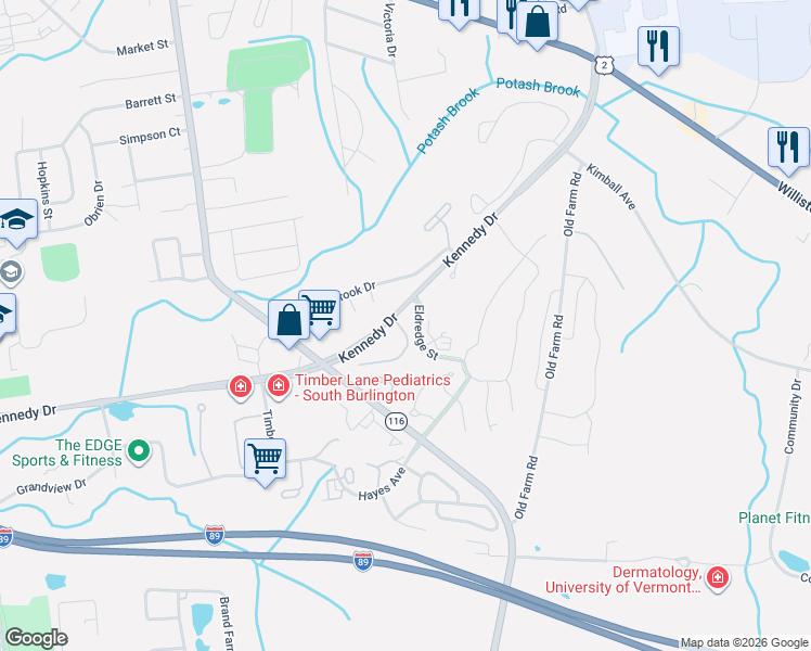 map of restaurants, bars, coffee shops, grocery stores, and more near 99201 Eldredge Street in South Burlington