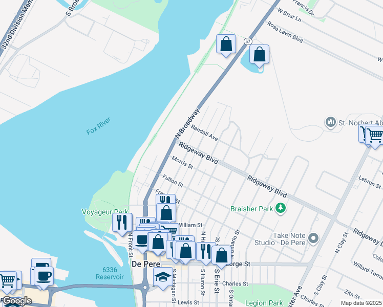 map of restaurants, bars, coffee shops, grocery stores, and more near 725 North Michigan Street in De Pere