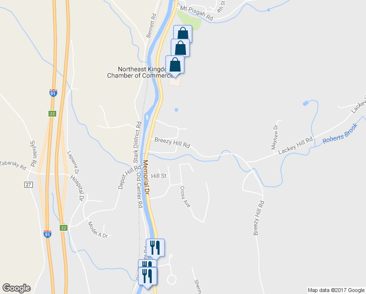 map of restaurants, bars, coffee shops, grocery stores, and more near 1745 Breezy Hill Road in Saint Johnsbury