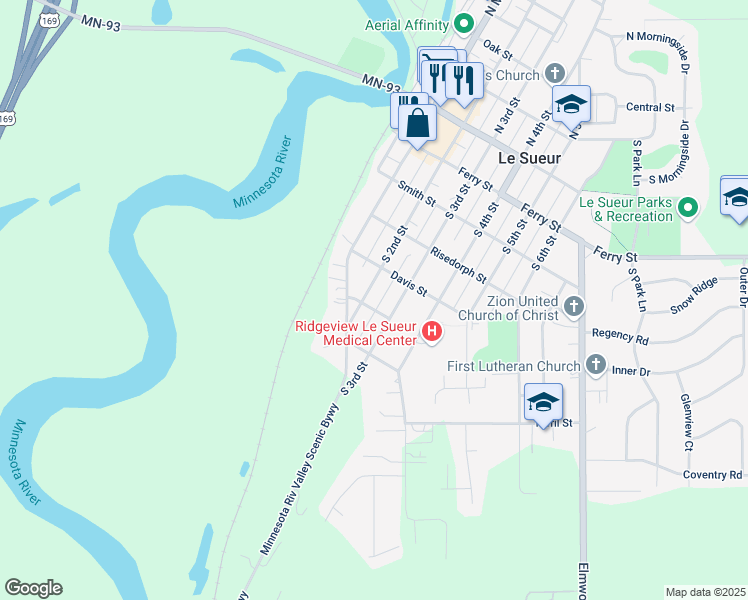 map of restaurants, bars, coffee shops, grocery stores, and more near 525 South 2nd Street in Le Sueur
