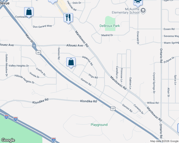 map of restaurants, bars, coffee shops, grocery stores, and more near 2841 Virgo Road in Green Bay