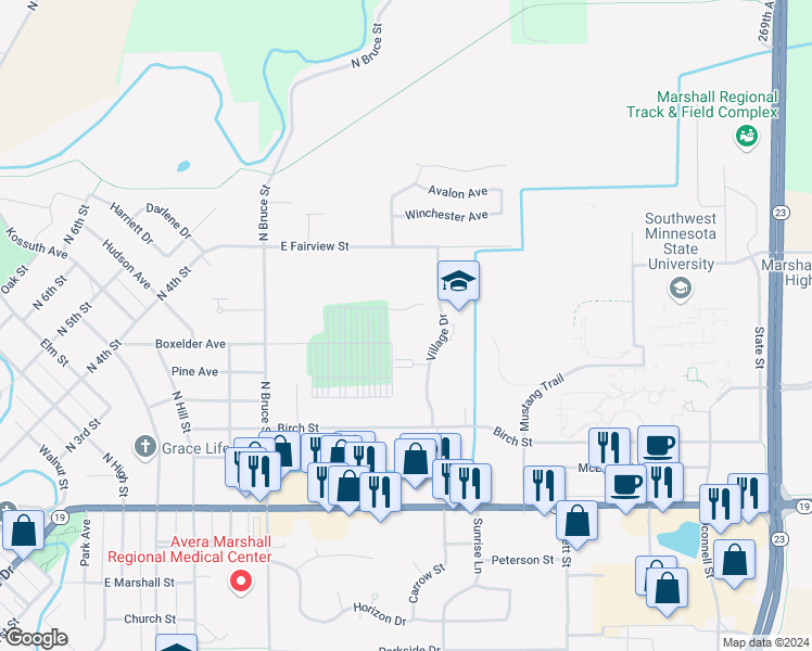 map of restaurants, bars, coffee shops, grocery stores, and more near 501 Village Drive in Marshall