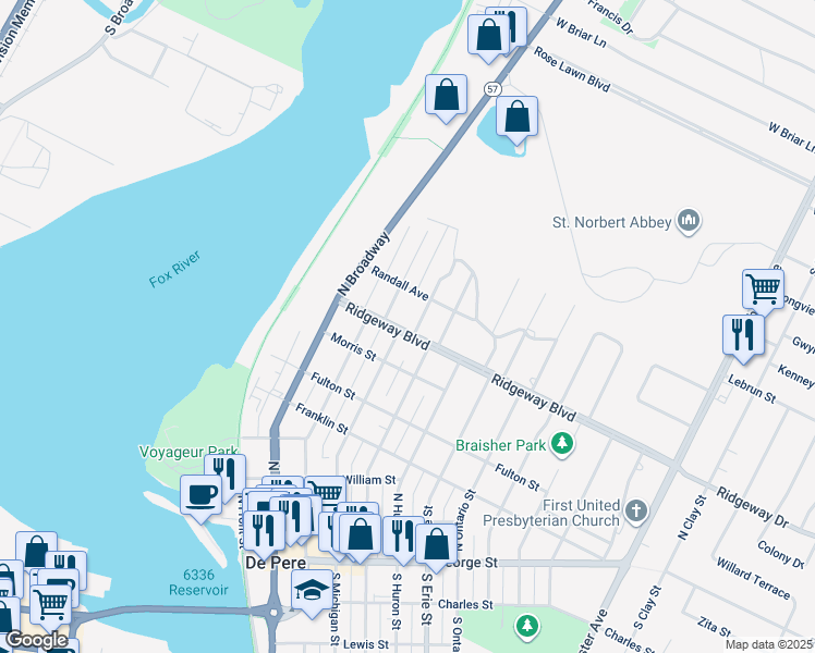 map of restaurants, bars, coffee shops, grocery stores, and more near 804 Lawton Place in De Pere