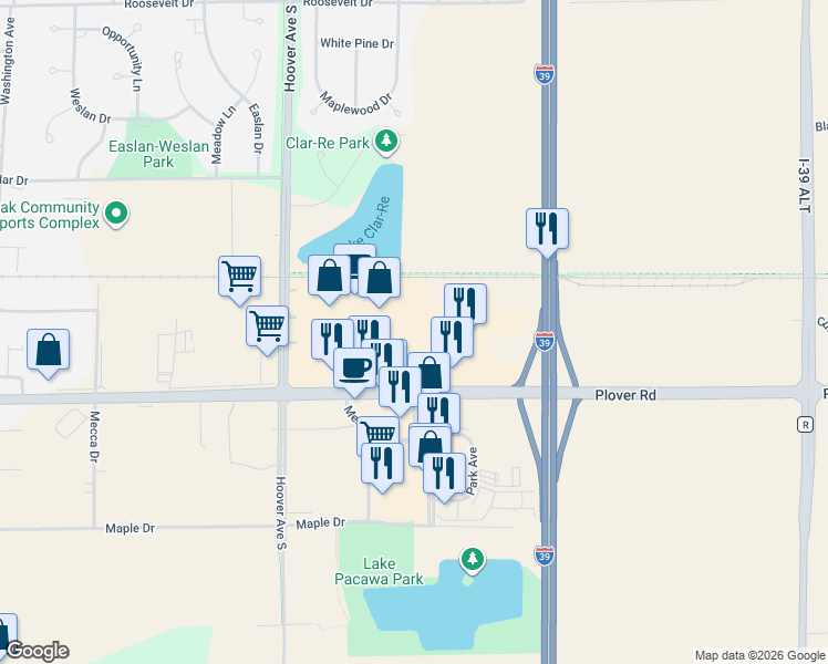 map of restaurants, bars, coffee shops, grocery stores, and more near 1600 American Drive in Plover