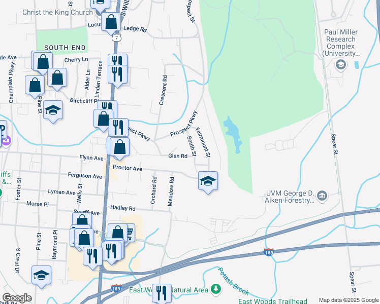 map of restaurants, bars, coffee shops, grocery stores, and more near 51 South Street in Burlington