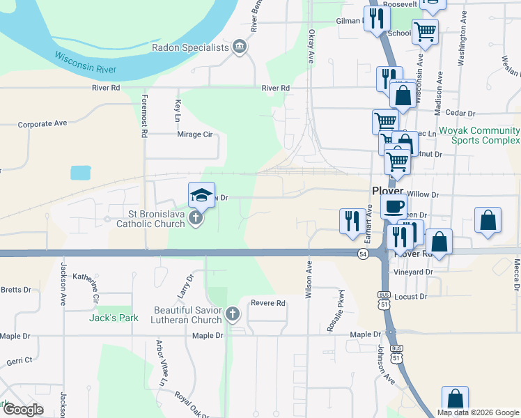 map of restaurants, bars, coffee shops, grocery stores, and more near 3218 Village Lane in Plover