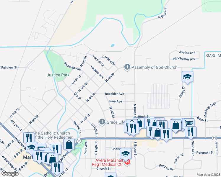 map of restaurants, bars, coffee shops, grocery stores, and more near 301 Hudson Avenue in Marshall