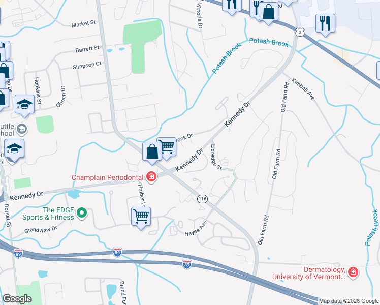 map of restaurants, bars, coffee shops, grocery stores, and more near 150 Kennedy Drive in South Burlington