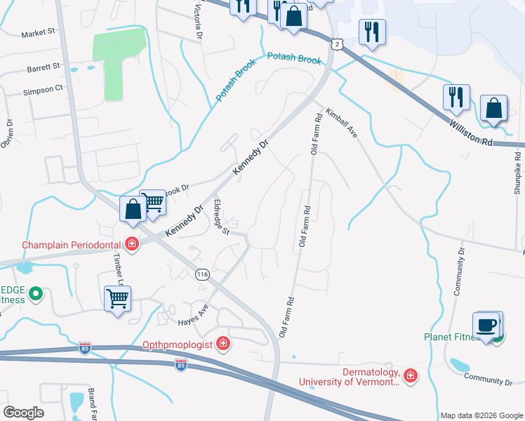 map of restaurants, bars, coffee shops, grocery stores, and more near 316 Obrien Farm Road in South Burlington