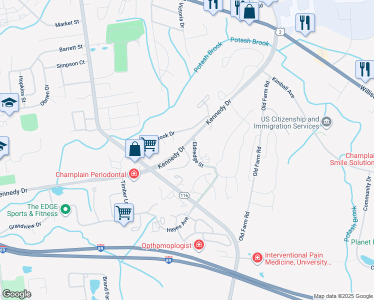 map of restaurants, bars, coffee shops, grocery stores, and more near 150 Kennedy Drive in South Burlington