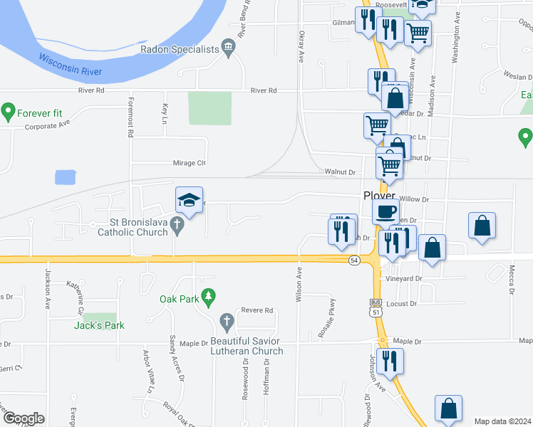 map of restaurants, bars, coffee shops, grocery stores, and more near 3240 Village Lane in Plover