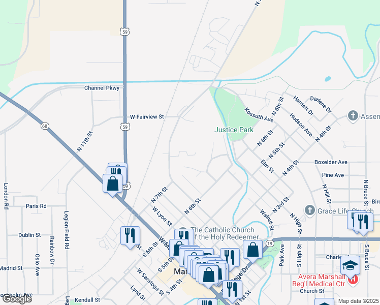 map of restaurants, bars, coffee shops, grocery stores, and more near 606 Heritage Circle in Marshall
