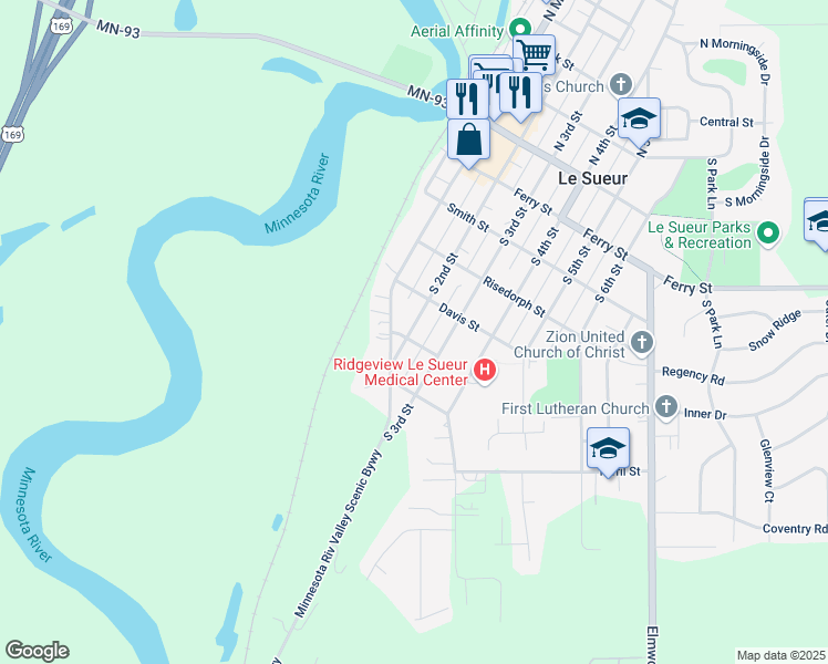 map of restaurants, bars, coffee shops, grocery stores, and more near 525 South 2nd Street in Le Sueur