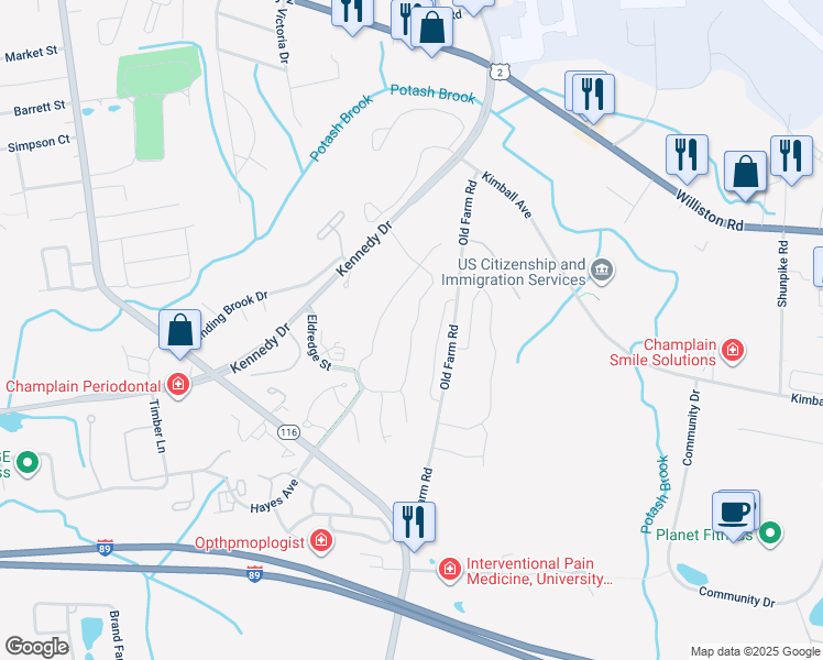 map of restaurants, bars, coffee shops, grocery stores, and more near Two Brothers Drive in South Burlington