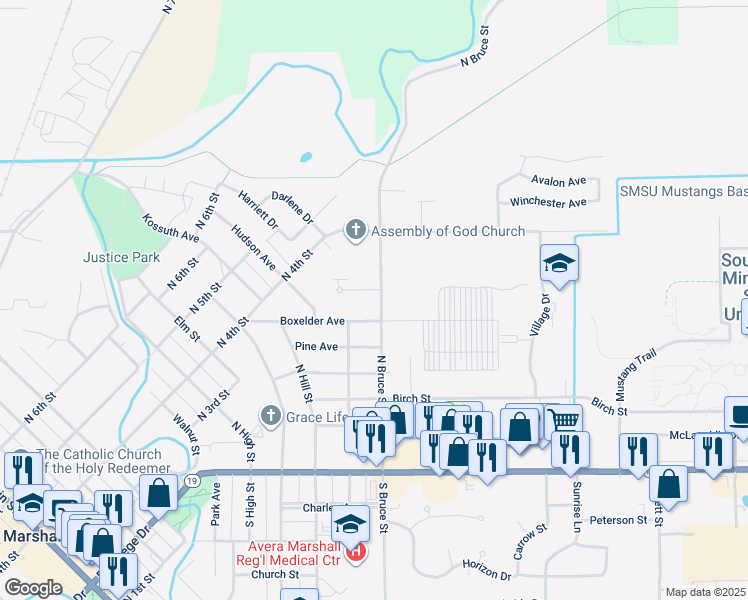 map of restaurants, bars, coffee shops, grocery stores, and more near 1008 Dano Circle in Marshall