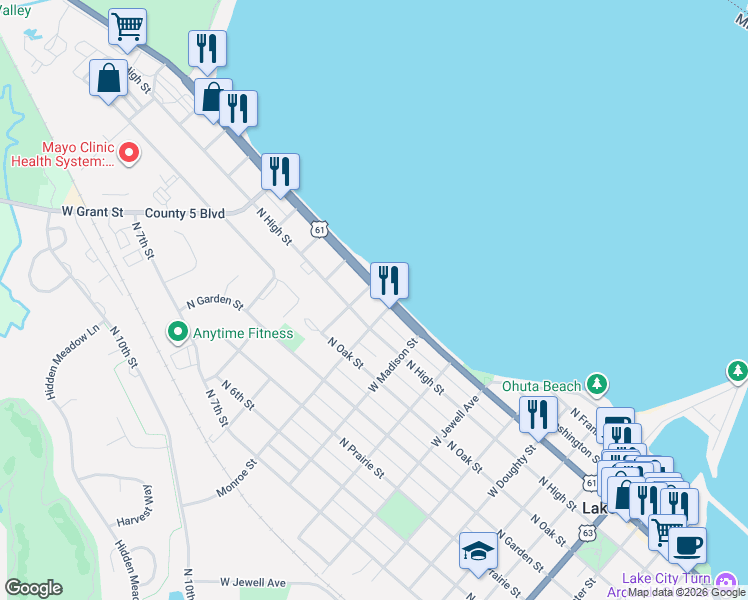map of restaurants, bars, coffee shops, grocery stores, and more near 917 North Lakeshore Drive in Lake City