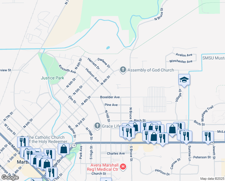 map of restaurants, bars, coffee shops, grocery stores, and more near 301 Hudson Avenue in Marshall