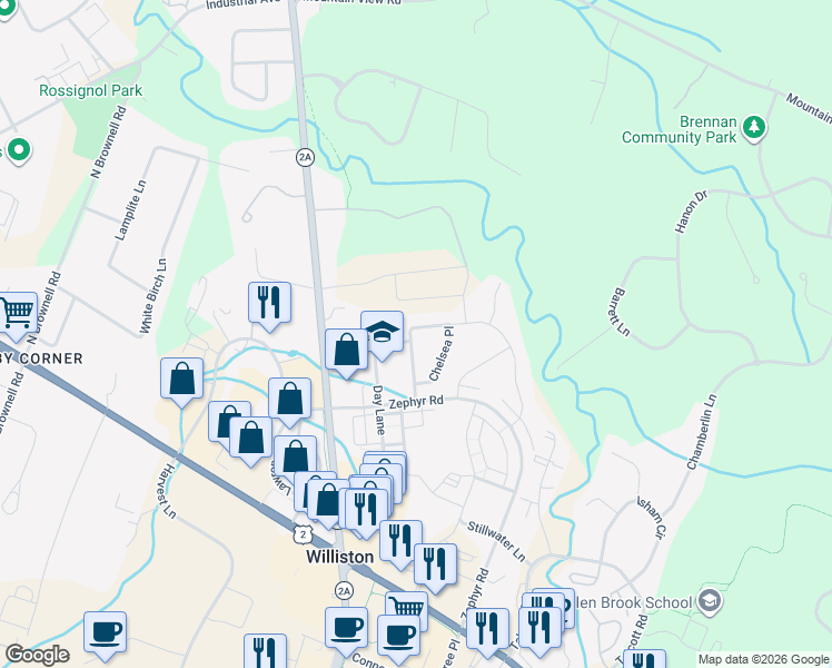 map of restaurants, bars, coffee shops, grocery stores, and more near 108 Chelsea Place in Williston