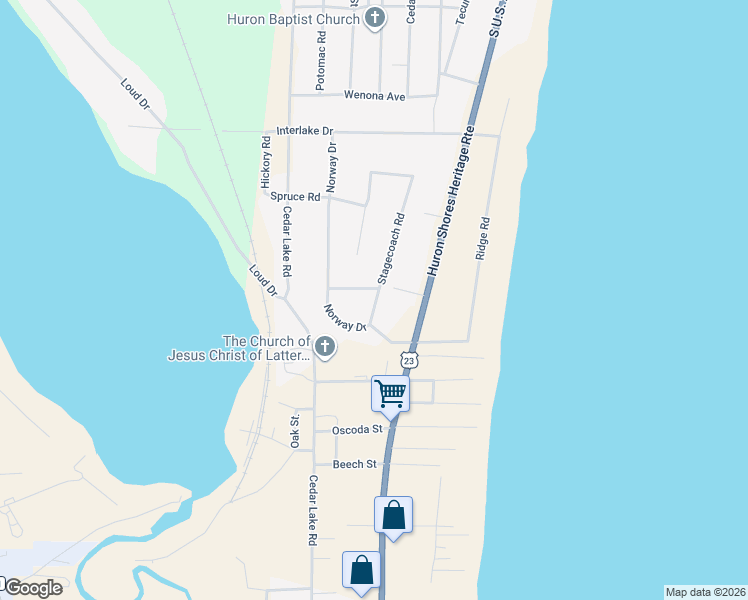 map of restaurants, bars, coffee shops, grocery stores, and more near 6055-6073 Stagecoach Road in Oscoda Township