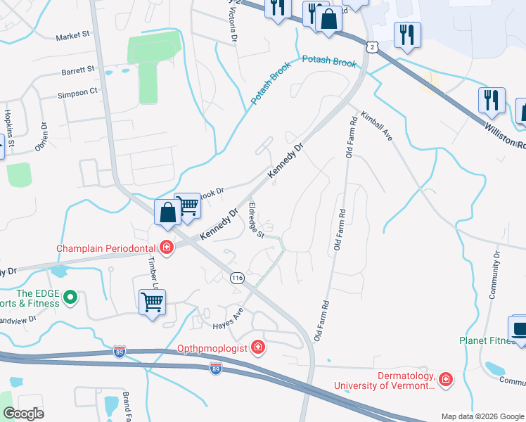 map of restaurants, bars, coffee shops, grocery stores, and more near 99 Eldredge Street in South Burlington