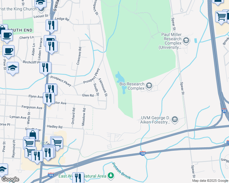 map of restaurants, bars, coffee shops, grocery stores, and more near 908 South Prospect Street in Burlington