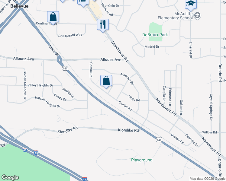 map of restaurants, bars, coffee shops, grocery stores, and more near 2503 Gemini Road in Green Bay