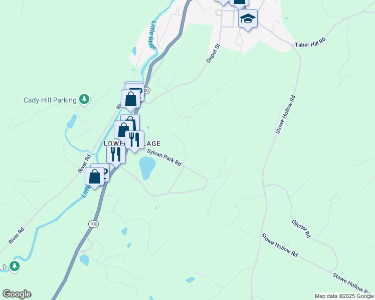 map of restaurants, bars, coffee shops, grocery stores, and more near 66 Sylvan Woods Drive in Stowe