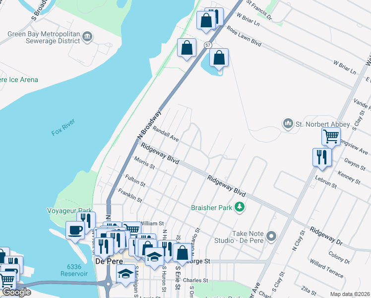 map of restaurants, bars, coffee shops, grocery stores, and more near 804 Lawton Place in De Pere