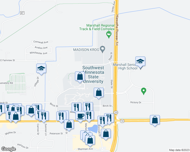 map of restaurants, bars, coffee shops, grocery stores, and more near in Marshall