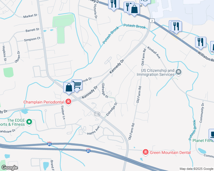 map of restaurants, bars, coffee shops, grocery stores, and more near 99 Eldredge Street in South Burlington