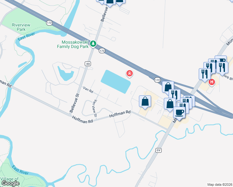 map of restaurants, bars, coffee shops, grocery stores, and more near 1601 Van Road in Green Bay