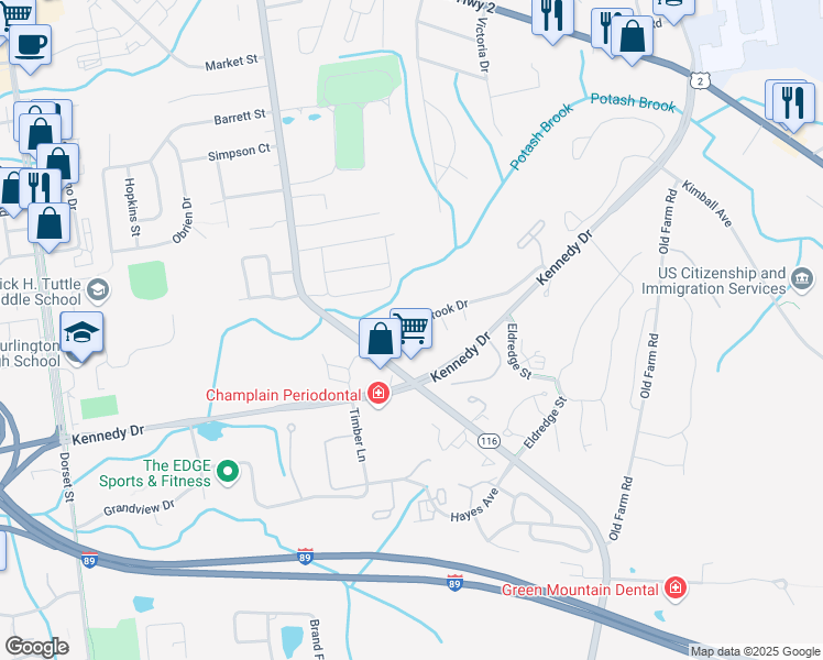 map of restaurants, bars, coffee shops, grocery stores, and more near 73 Winding Brook Drive in South Burlington
