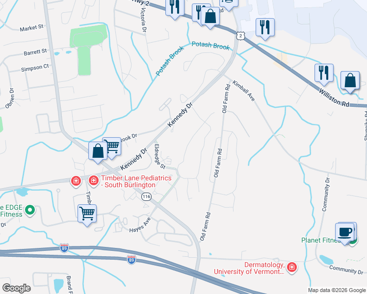 map of restaurants, bars, coffee shops, grocery stores, and more near 101203 Eldredge Street in South Burlington