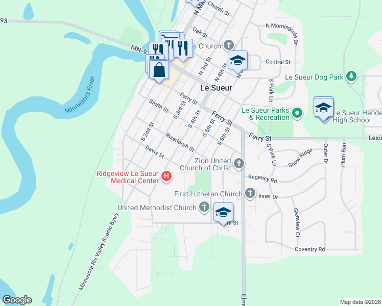 map of restaurants, bars, coffee shops, grocery stores, and more near 413 South 5th Street in Le Sueur
