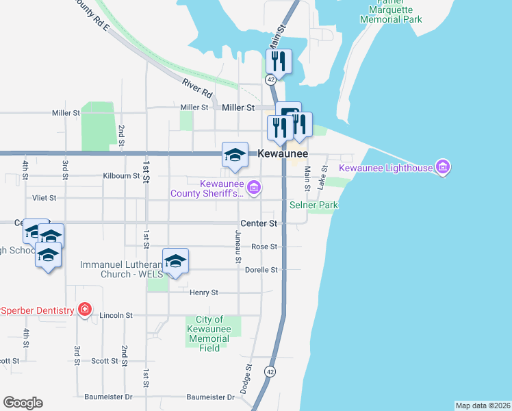 map of restaurants, bars, coffee shops, grocery stores, and more near 419 Center Street in Kewaunee